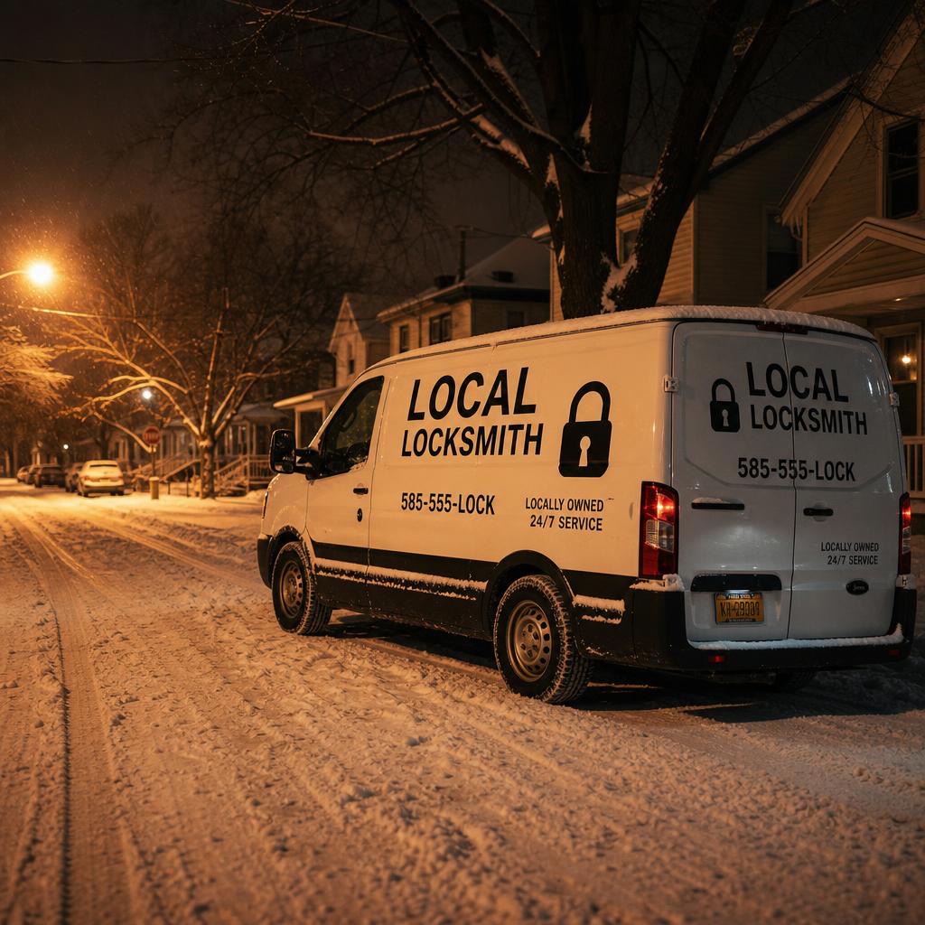 Local Locksmith van answering a night call in Rochester NY