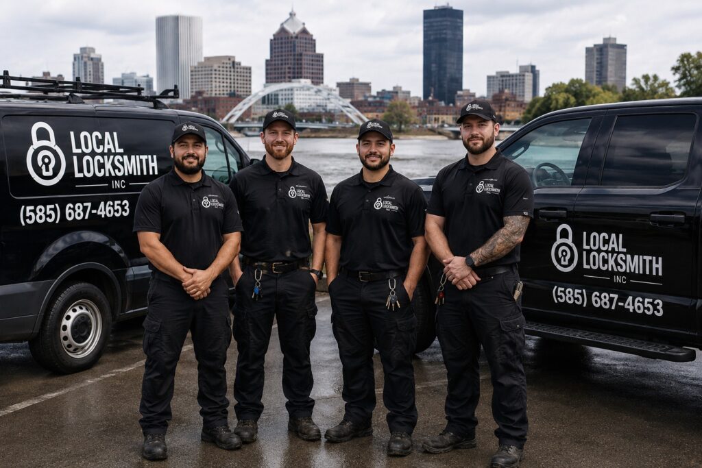 The Local Locksmith crew with their service trucks in front of the Rochester NY skyline